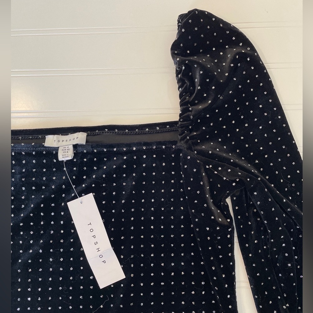 Topshop Velvet Black Long Sleeve Dress with Silver Dots